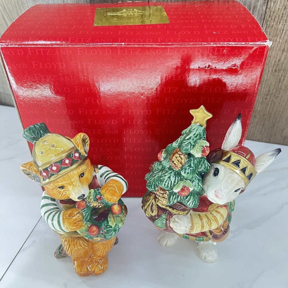 Vtg Fitz & Floyd Salt Pepper Shaker Christmas Lodge Bear Bunny Large 2001 W/ Box - Picture 2 of 10